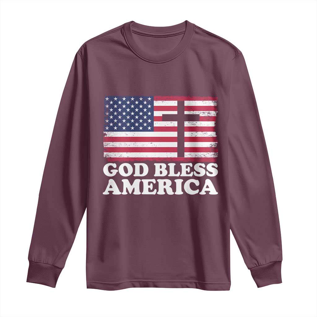 God Bless America Long Sleeve Shirt Cross USA Flag Patriotic 4th of July Christian TS10 Maroon Print Your Wear