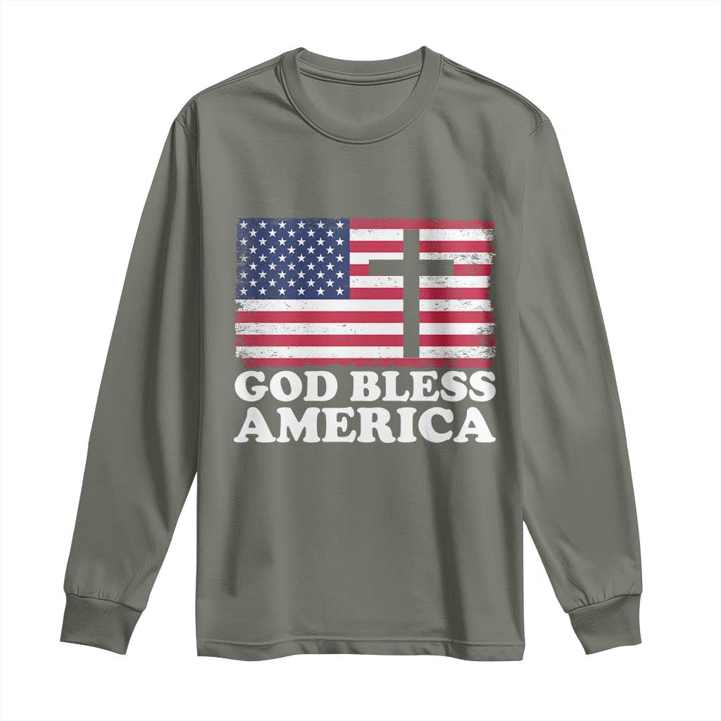 God Bless America Long Sleeve Shirt Cross USA Flag Patriotic 4th of July Christian TS10 Military Green Print Your Wear
