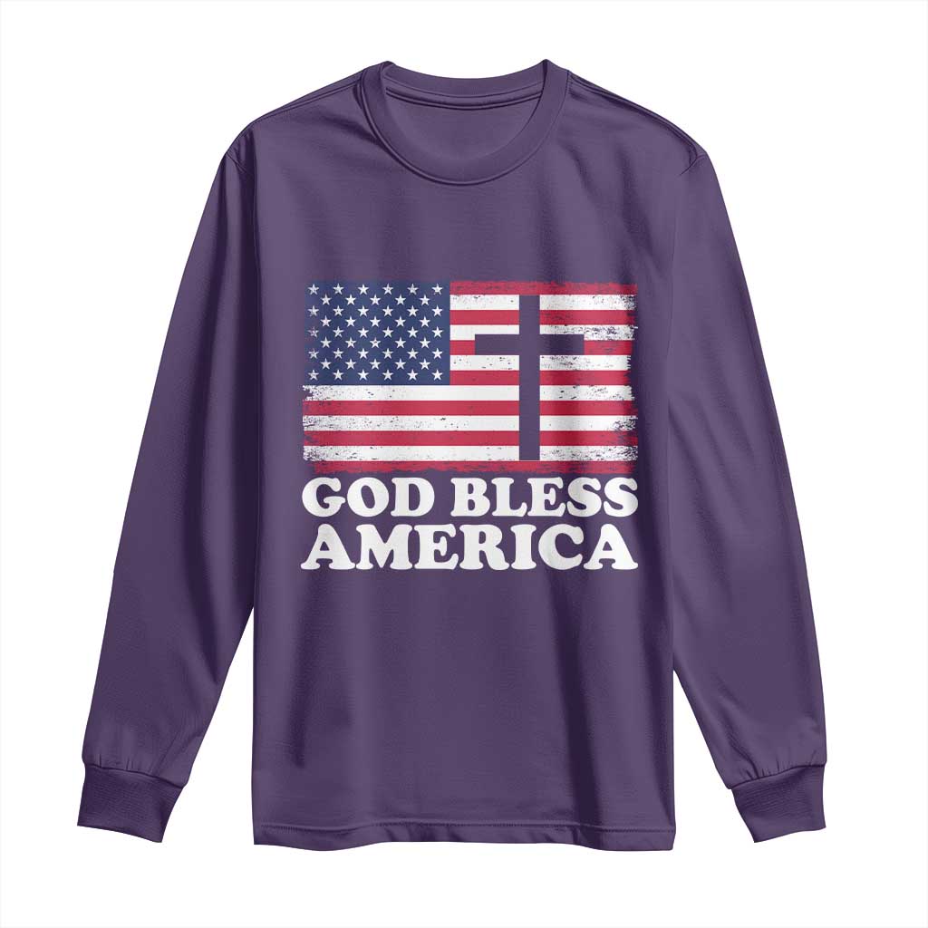 God Bless America Long Sleeve Shirt Cross USA Flag Patriotic 4th of July Christian TS10 Purple Print Your Wear