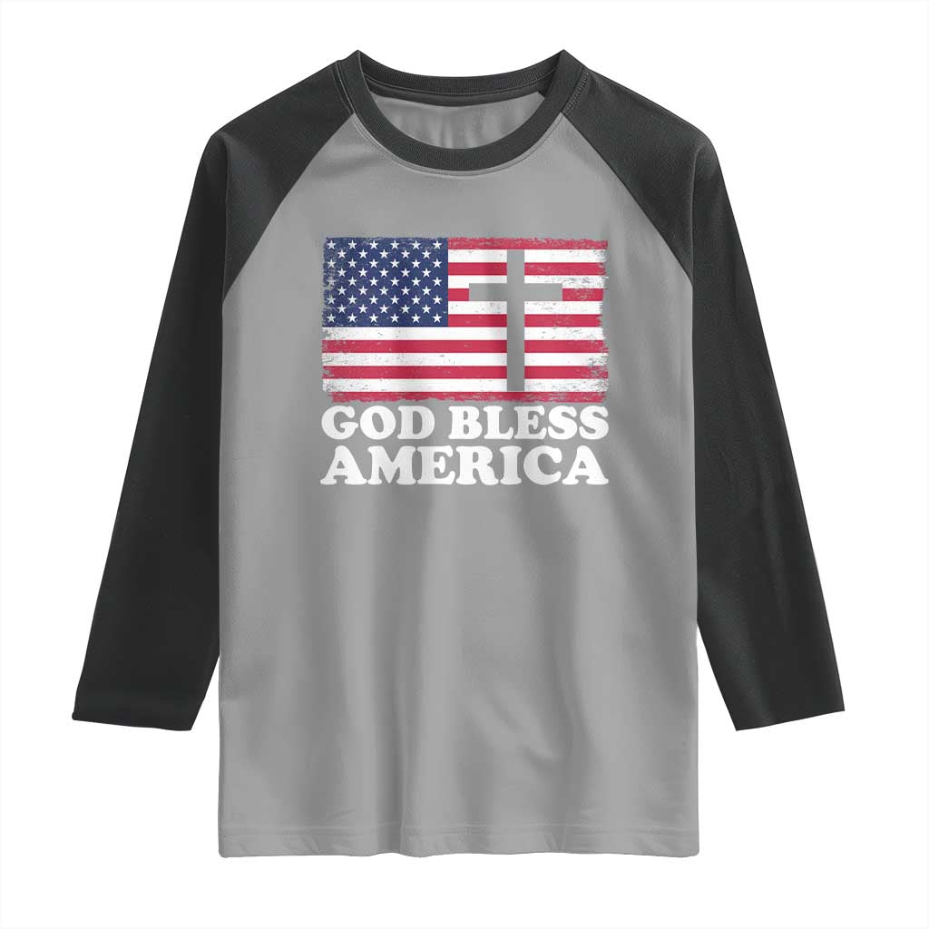 God Bless America Raglan Shirt Cross USA Flag Patriotic 4th of July Christian TS10 Sport Gray Black Print Your Wear
