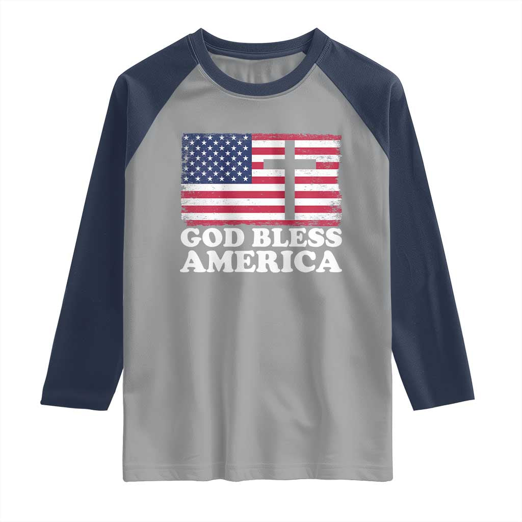 God Bless America Raglan Shirt Cross USA Flag Patriotic 4th of July Christian TS10 Sport Gray Navy Print Your Wear