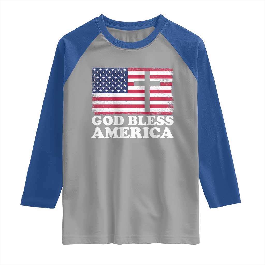 God Bless America Raglan Shirt Cross USA Flag Patriotic 4th of July Christian TS10 Sport Gray Royal Print Your Wear