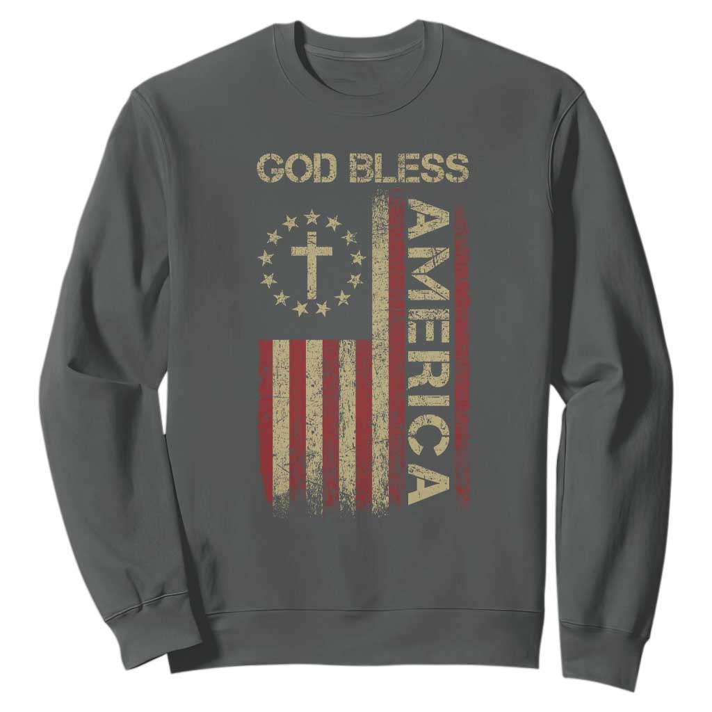 God Bless America Sweatshirt American Flag 4th Of July Patriotic Christian TS10 Dark Heather Print Your Wear
