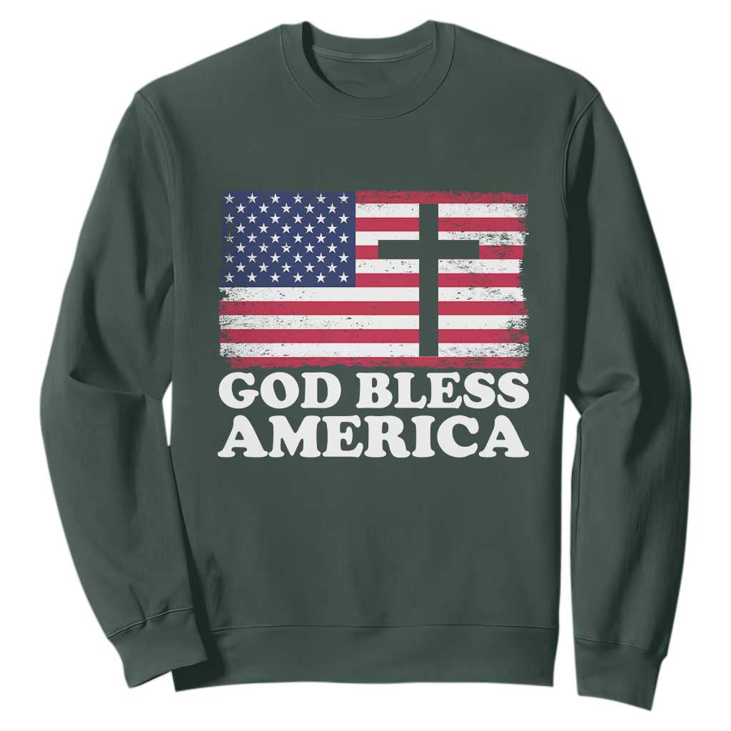 God Bless America Sweatshirt Cross USA Flag Patriotic 4th of July Christian TS10 Dark Forest Green Print Your Wear