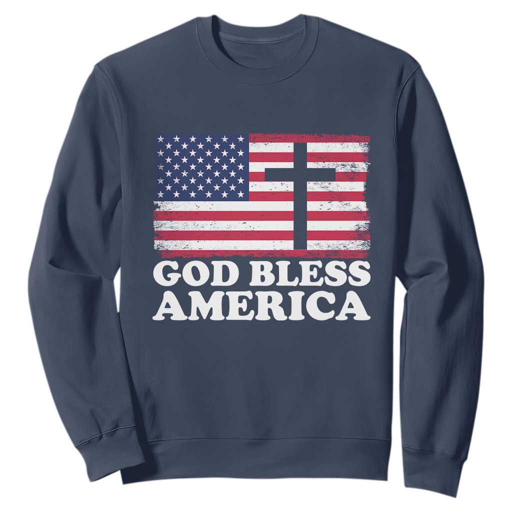 God Bless America Sweatshirt Cross USA Flag Patriotic 4th of July Christian TS10 Navy Print Your Wear