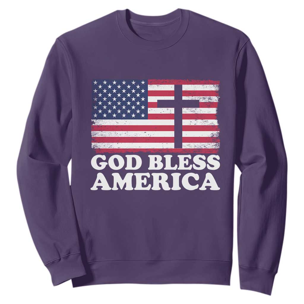 God Bless America Sweatshirt Cross USA Flag Patriotic 4th of July Christian TS10 Purple Print Your Wear
