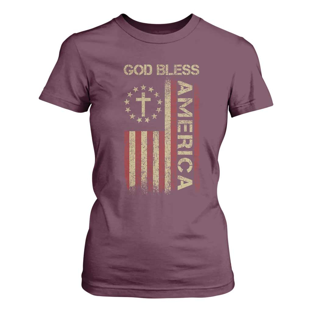 God Bless America T Shirt For Women American Flag 4th Of July Patriotic Christian TS10 Maroon Print Your Wear