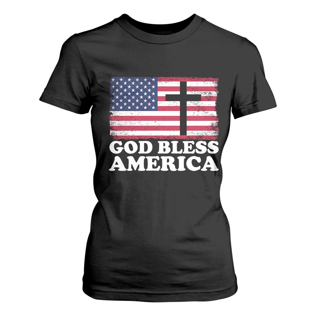 God Bless America T Shirt For Women Cross USA Flag Patriotic 4th of July Christian TS10 Black Print Your Wear