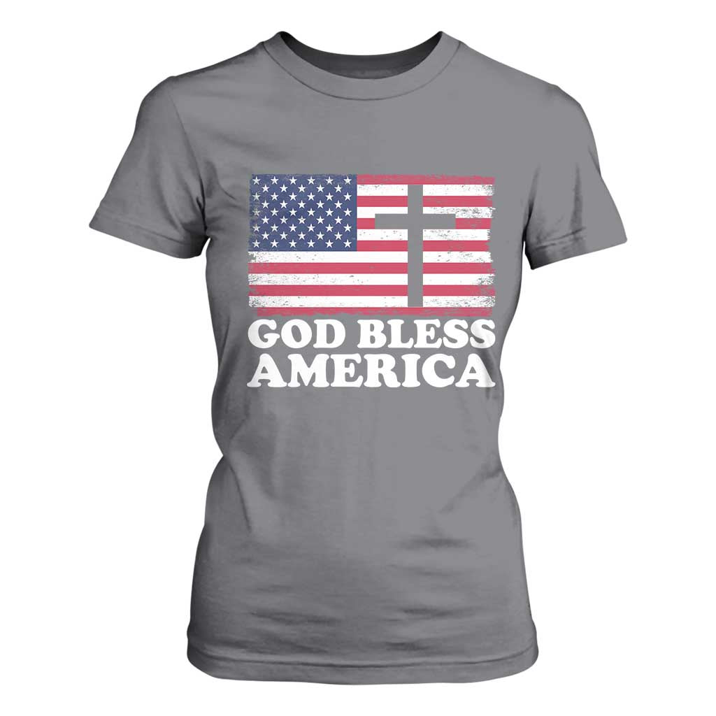 God Bless America T Shirt For Women Cross USA Flag Patriotic 4th of July Christian TS10 Charcoal Print Your Wear