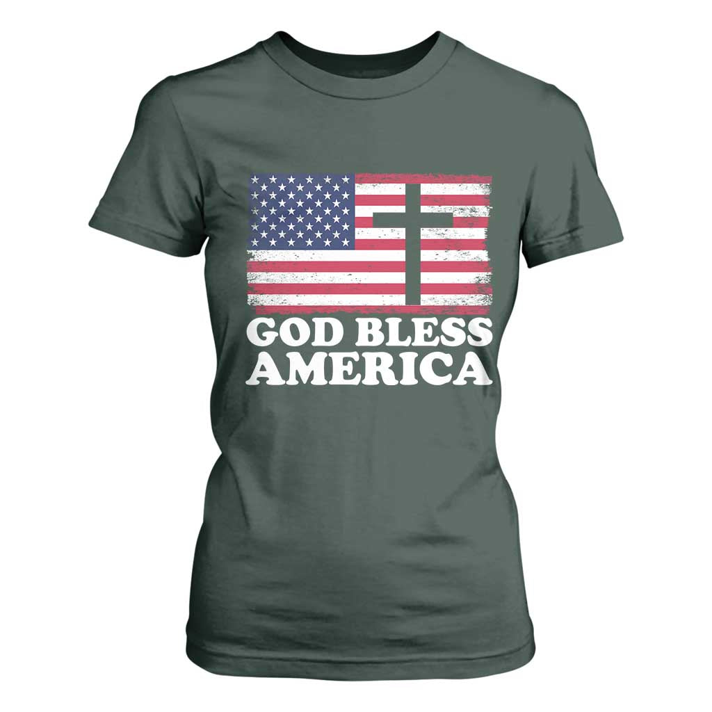 God Bless America T Shirt For Women Cross USA Flag Patriotic 4th of July Christian TS10 Dark Forest Green Print Your Wear