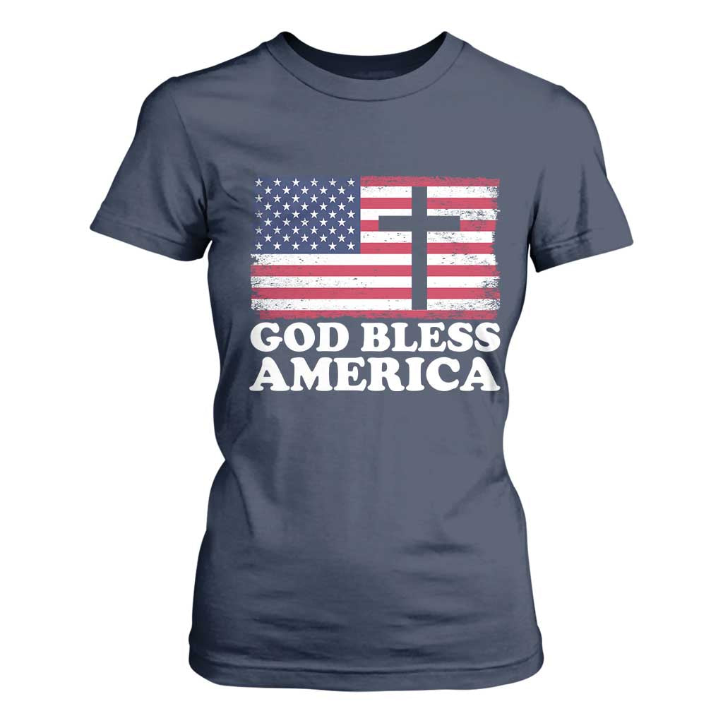 God Bless America T Shirt For Women Cross USA Flag Patriotic 4th of July Christian TS10 Navy Print Your Wear