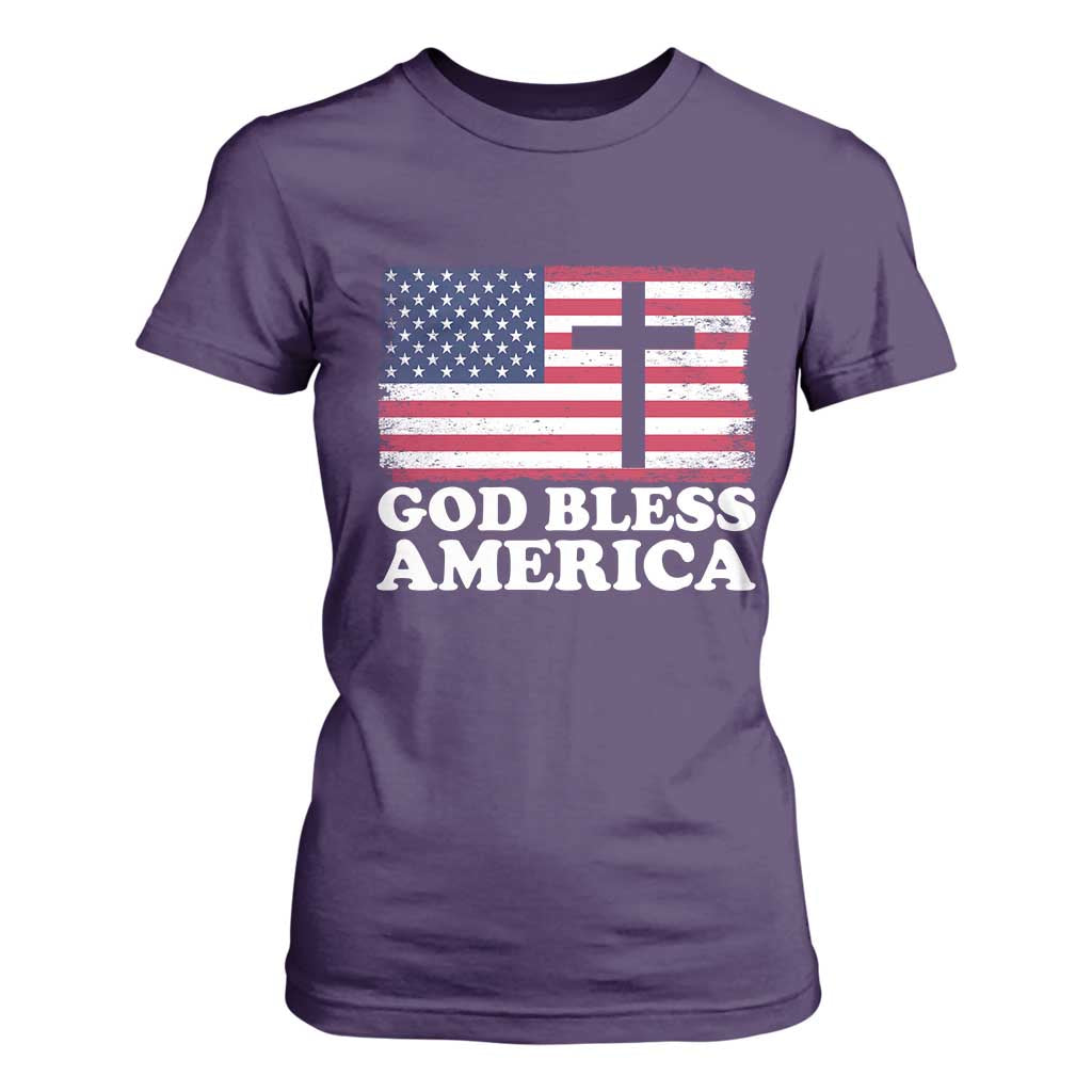 God Bless America T Shirt For Women Cross USA Flag Patriotic 4th of July Christian TS10 Purple Print Your Wear