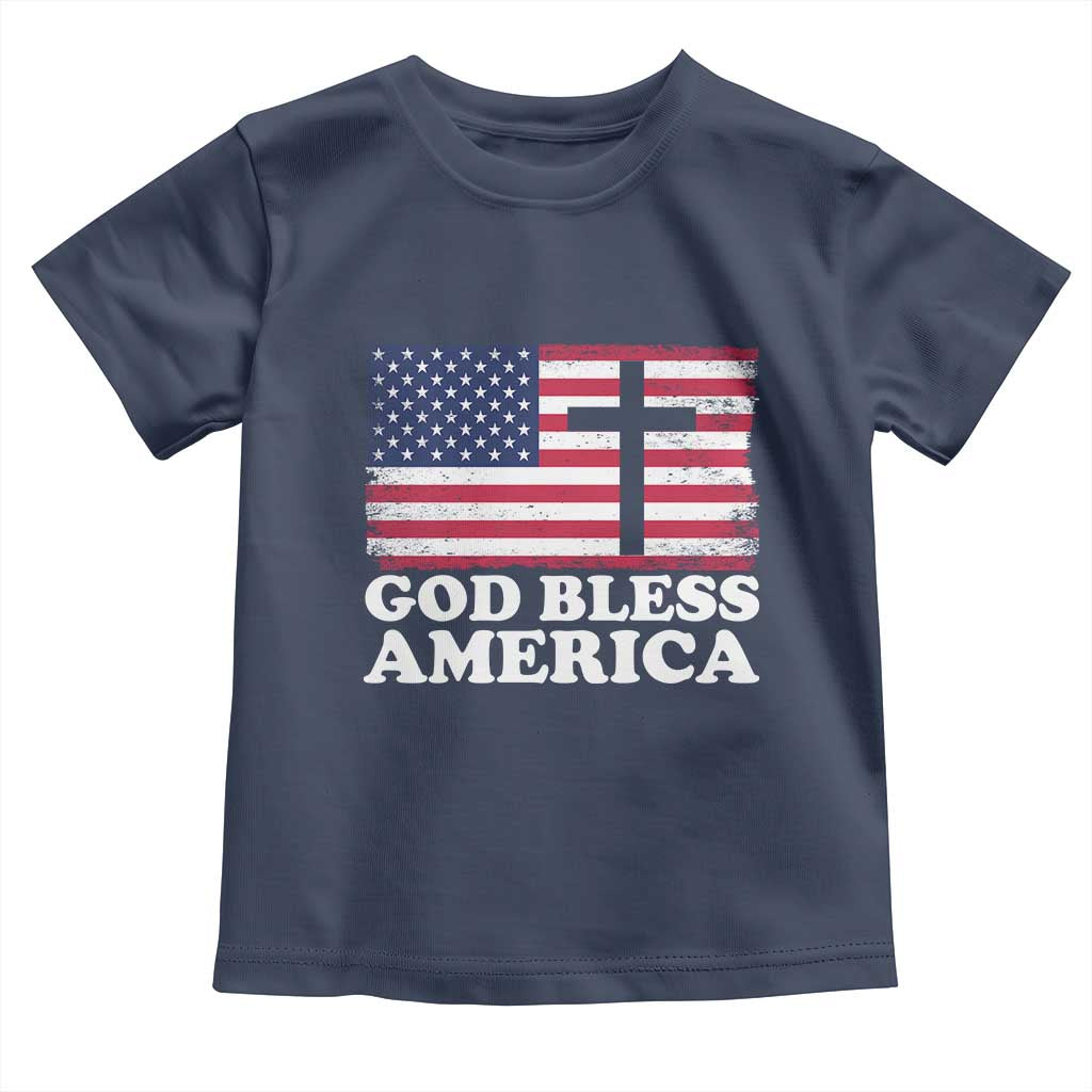 God Bless America Toddler T Shirt Cross USA Flag Patriotic 4th of July Christian TS10 Navy Print Your Wear