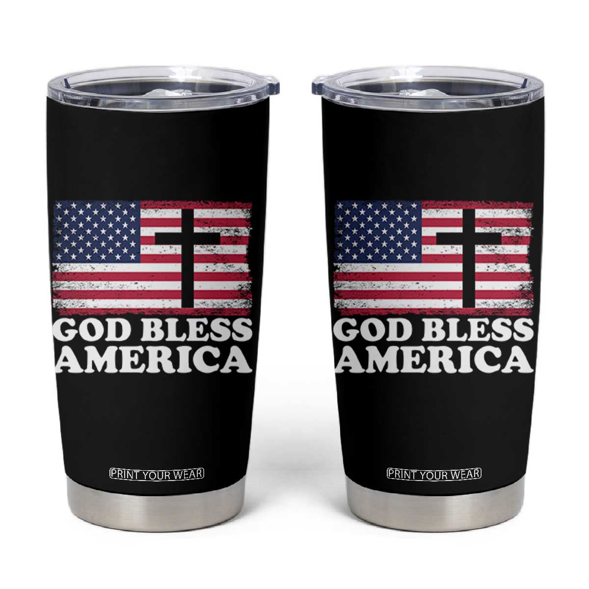 God Bless America Tumbler Cup Cross USA Flag Patriotic 4th of July Christian TS10 Black Print Your Wear