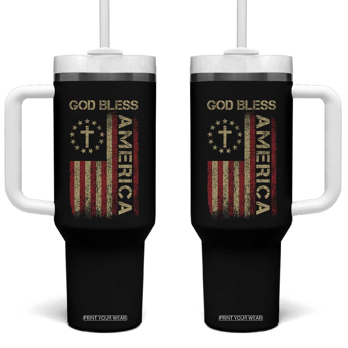 God Bless America Tumbler With Handle American Flag 4th Of July Patriotic Christian TS10 One Size: 40 oz Black Print Your Wear