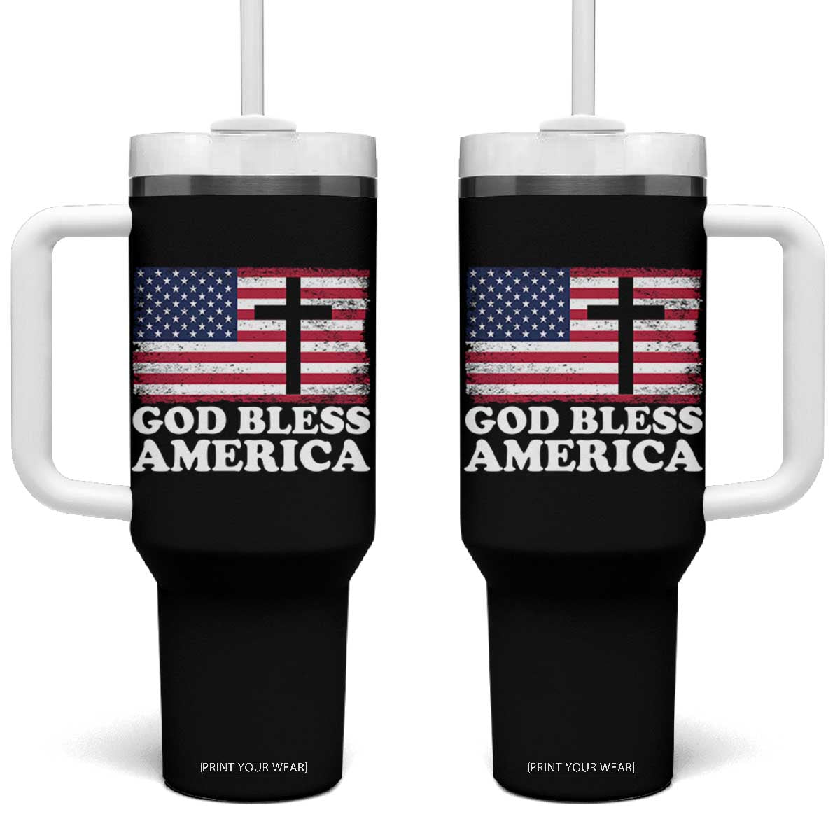 God Bless America Tumbler With Handle Cross USA Flag Patriotic 4th of July Christian TS10 One Size: 40 oz Black Print Your Wear