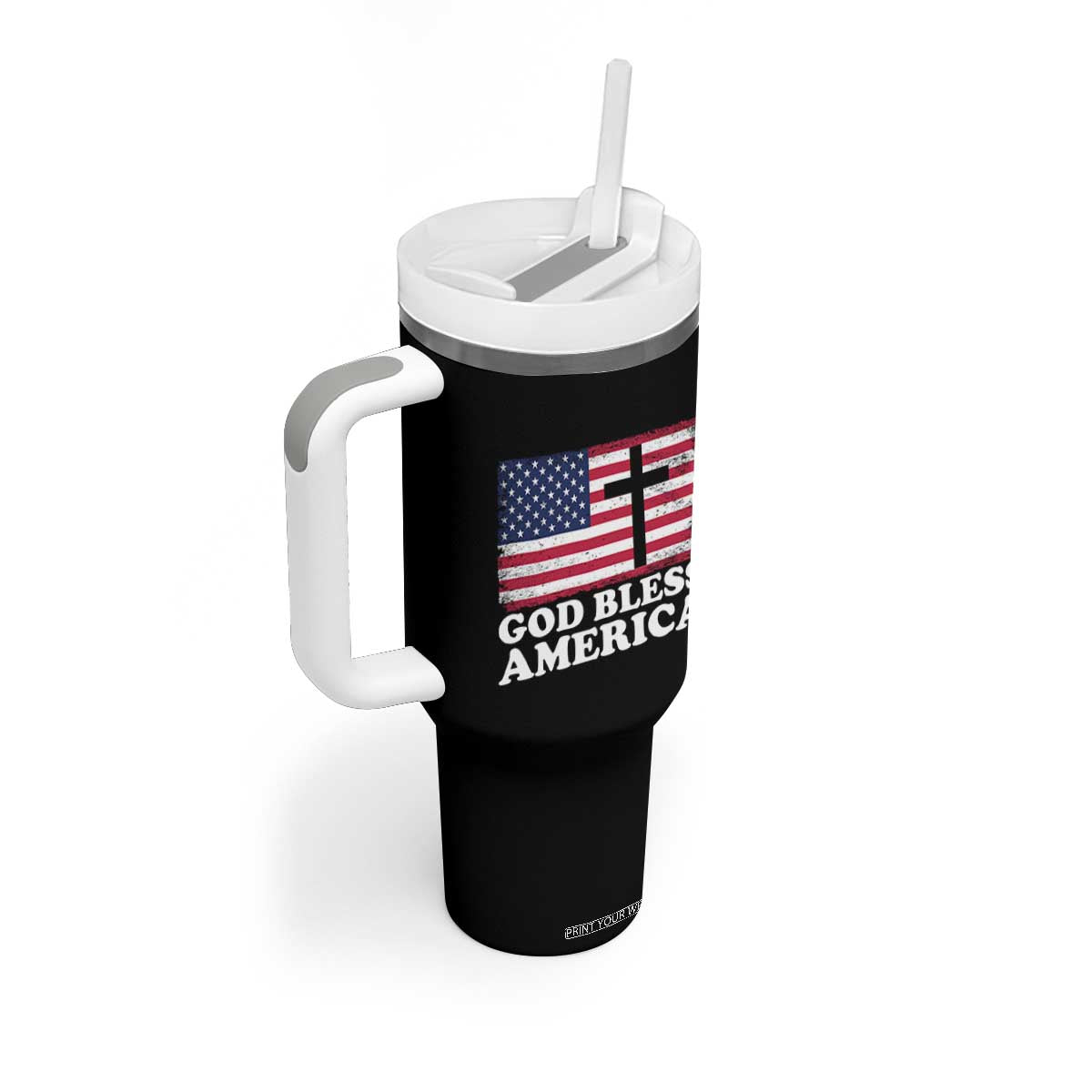 God Bless America Tumbler With Handle Cross USA Flag Patriotic 4th of July Christian TS10 Print Your Wear