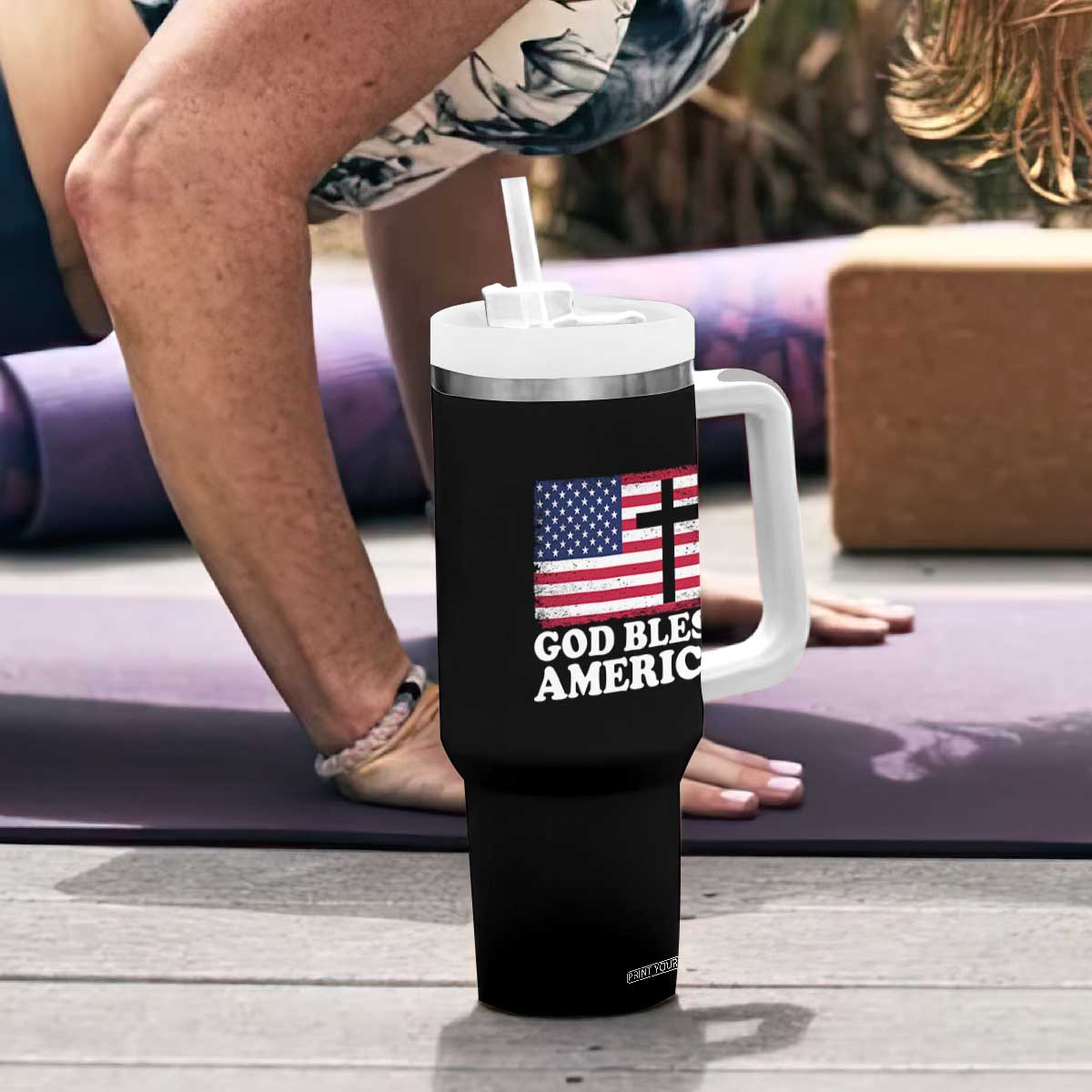 God Bless America Tumbler With Handle Cross USA Flag Patriotic 4th of July Christian TS10 Print Your Wear