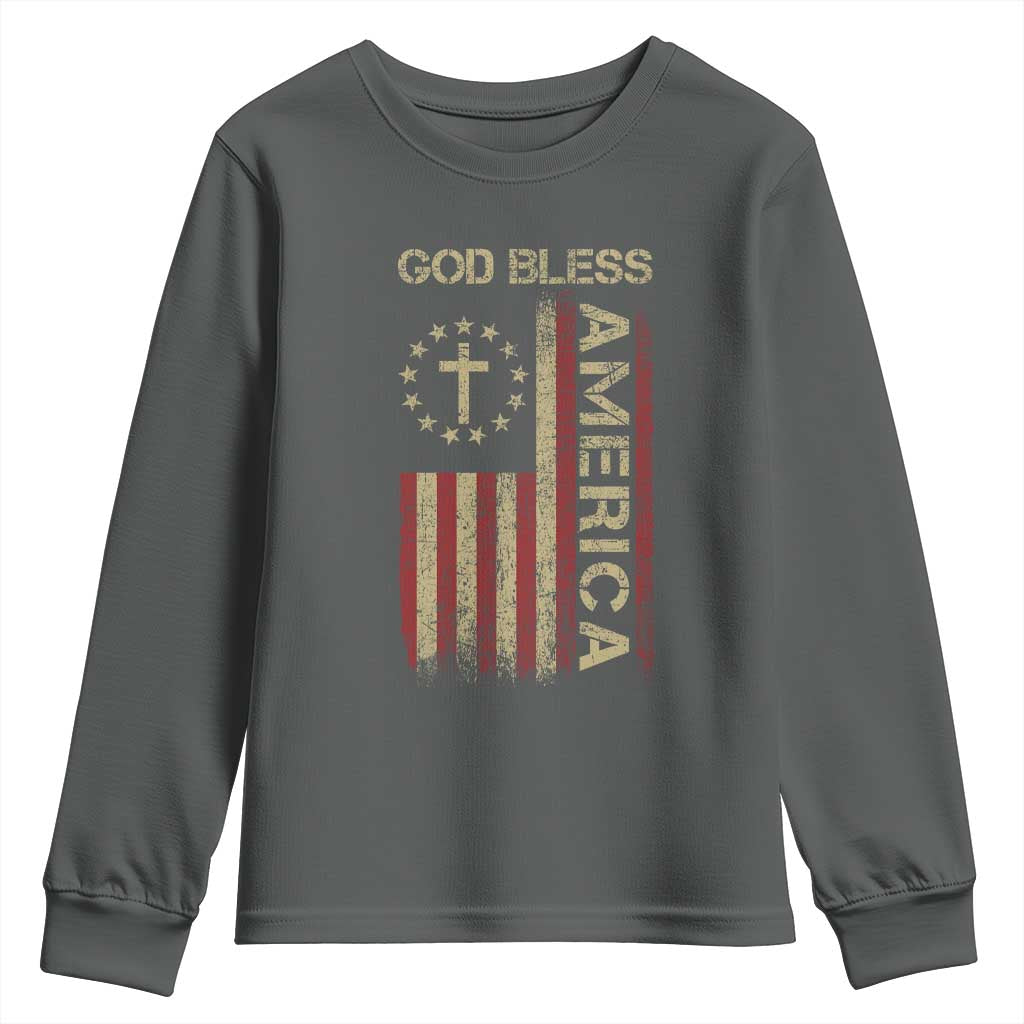 God Bless America Youth Sweatshirt American Flag 4th Of July Patriotic Christian TS10 Dark Heather Print Your Wear
