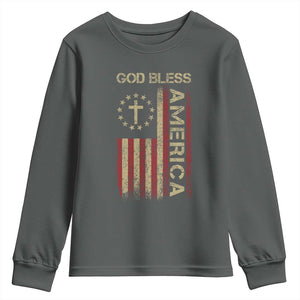 God Bless America Youth Sweatshirt American Flag 4th Of July Patriotic Christian TS10 Dark Heather Print Your Wear