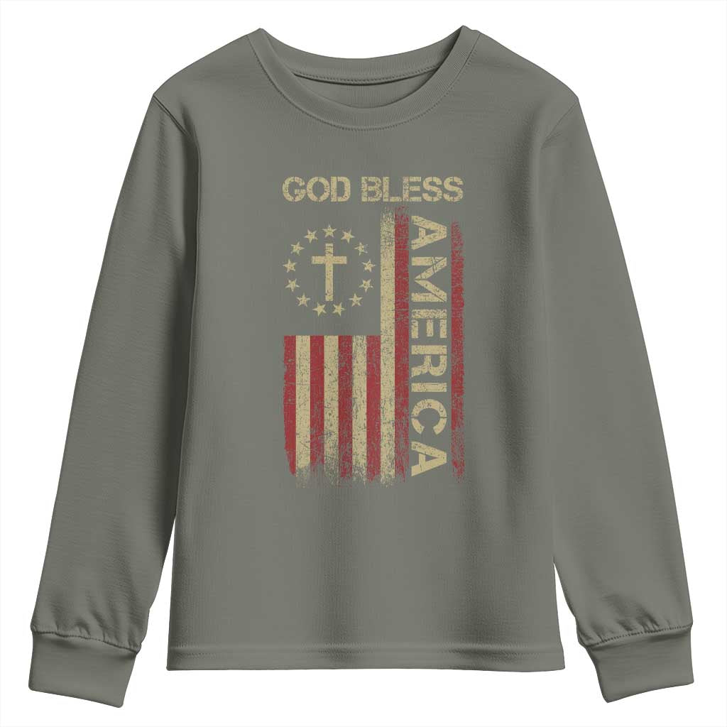 God Bless America Youth Sweatshirt American Flag 4th Of July Patriotic Christian TS10 Military Green Print Your Wear