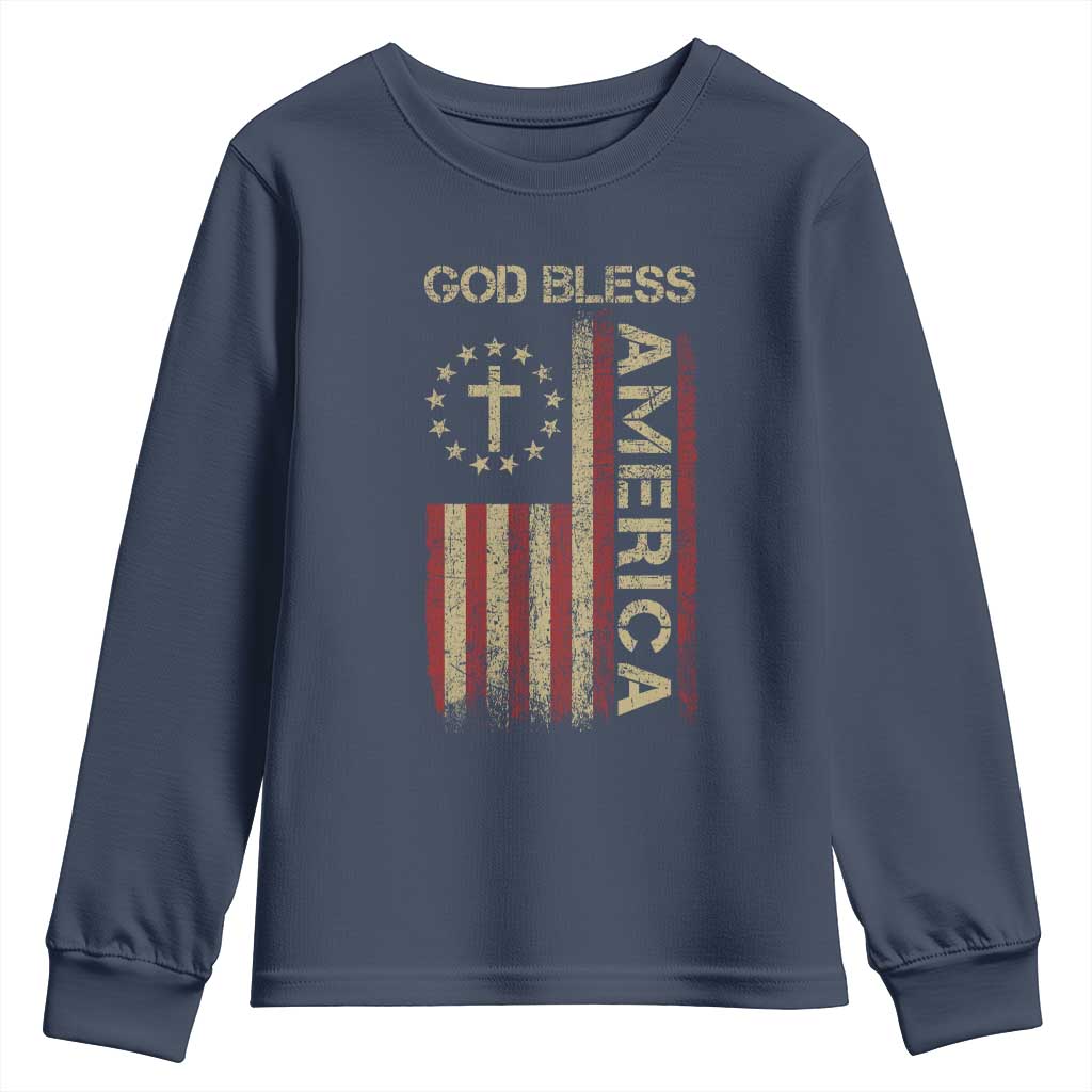God Bless America Youth Sweatshirt American Flag 4th Of July Patriotic Christian TS10 Navy Print Your Wear