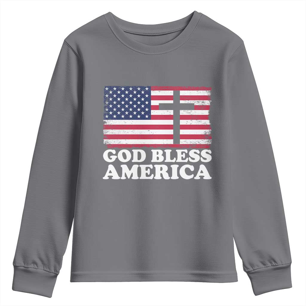 God Bless America Youth Sweatshirt Cross USA Flag Patriotic 4th of July Christian TS10 Charcoal Print Your Wear