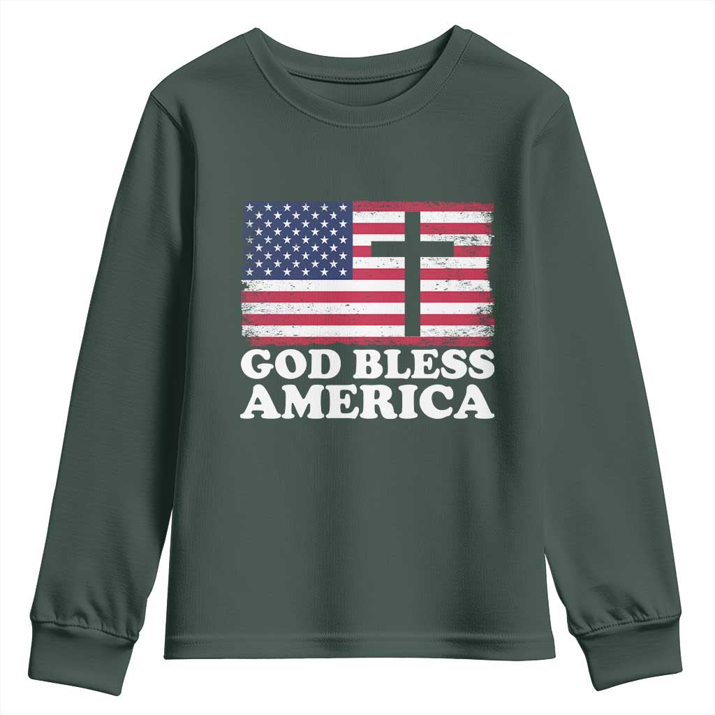 God Bless America Youth Sweatshirt Cross USA Flag Patriotic 4th of July Christian TS10 Dark Forest Green Print Your Wear