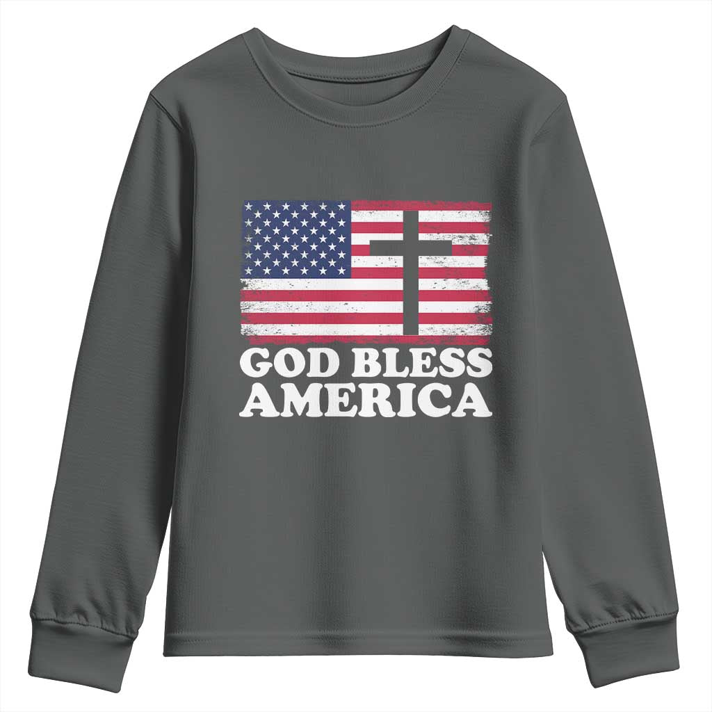 God Bless America Youth Sweatshirt Cross USA Flag Patriotic 4th of July Christian TS10 Dark Heather Print Your Wear