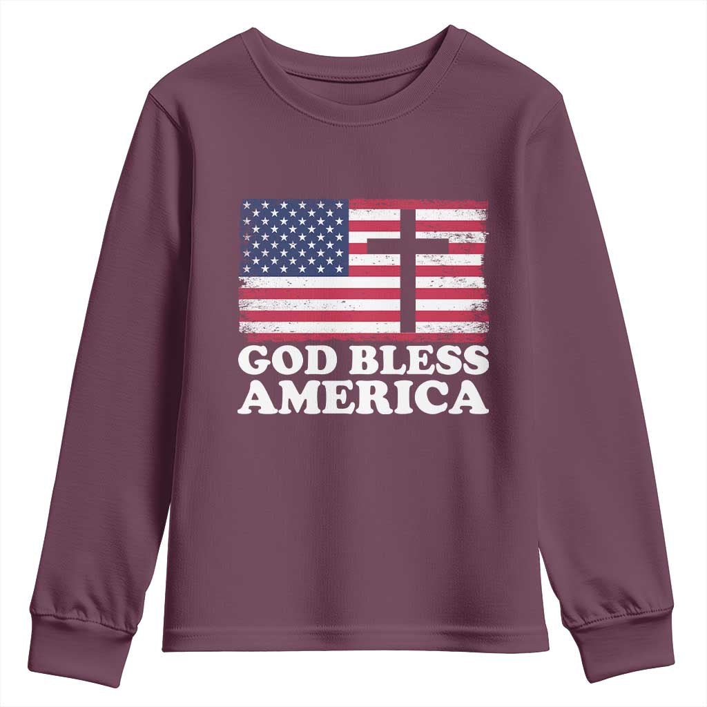 God Bless America Youth Sweatshirt Cross USA Flag Patriotic 4th of July Christian TS10 Maroon Print Your Wear