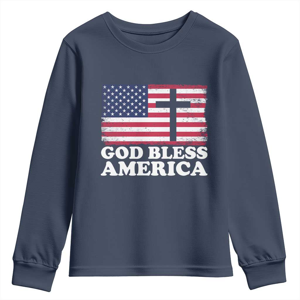 God Bless America Youth Sweatshirt Cross USA Flag Patriotic 4th of July Christian TS10 Navy Print Your Wear