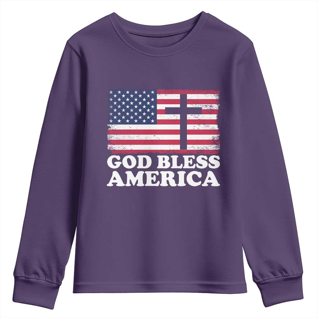 God Bless America Youth Sweatshirt Cross USA Flag Patriotic 4th of July Christian TS10 Purple Print Your Wear