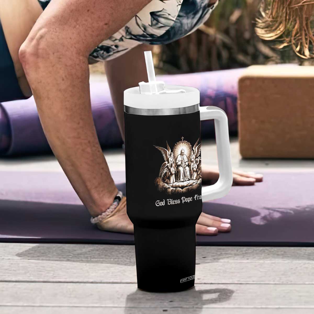 God Bless Pope Francis Tumbler With Handle Memorial Angel Catholic Faith & Unity TS02 Print Your Wear