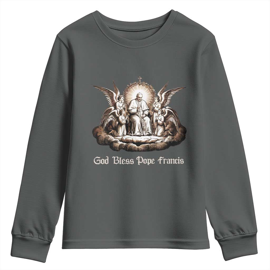 God Bless Pope Francis Youth Sweatshirt Memorial Angel Catholic Faith & Unity TS02 Dark Heather Print Your Wear