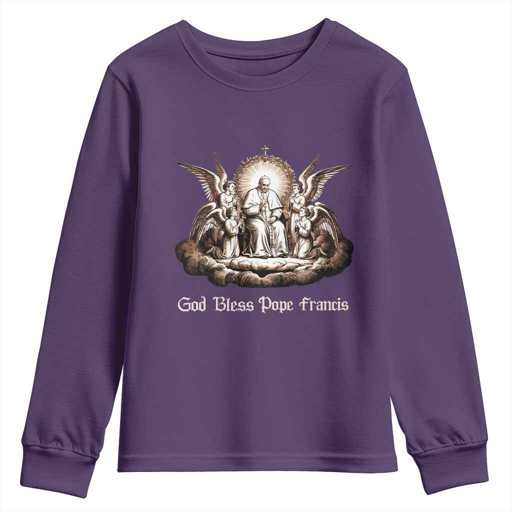 God Bless Pope Francis Youth Sweatshirt Memorial Angel Catholic Faith & Unity TS02 Purple Print Your Wear