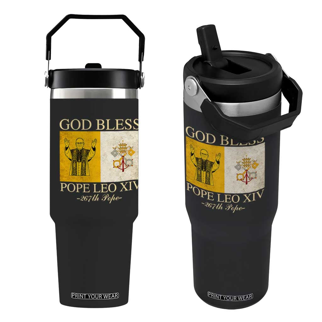 God Bless Pope Leo XIV Flip Straw Tumbler 267th Pope Vatican Flag TS02 One Size: 30 oz Black Print Your Wear