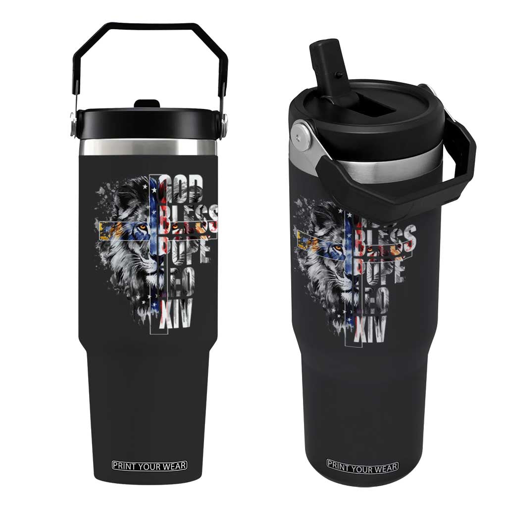 God Bless Pope Leo XIV Flip Straw Tumbler Lion American Flag TS11 One Size: 30 oz Black Print Your Wear