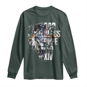 God Bless Pope Leo XIV Long Sleeve Shirt Lion American Flag TS11 Dark Forest Green Print Your Wear