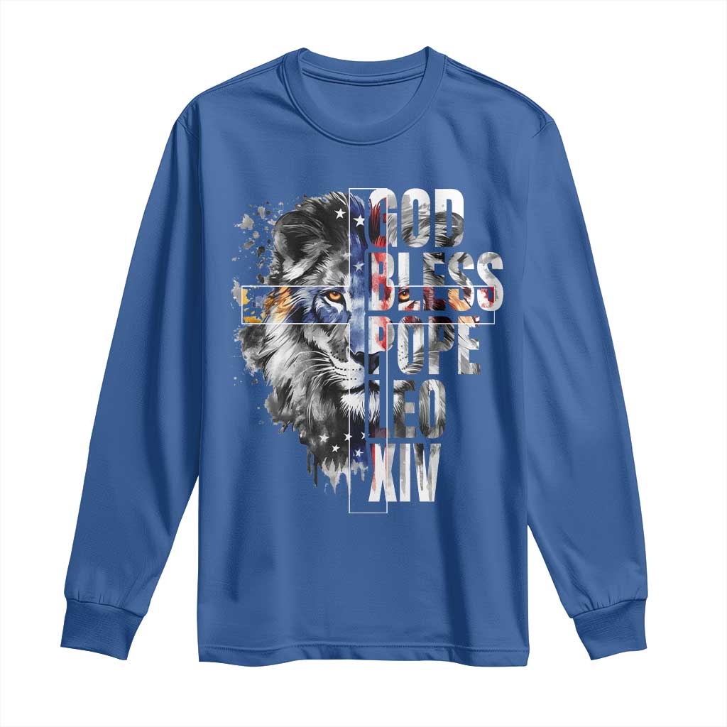 God Bless Pope Leo XIV Long Sleeve Shirt Lion American Flag TS11 Royal Blue Print Your Wear