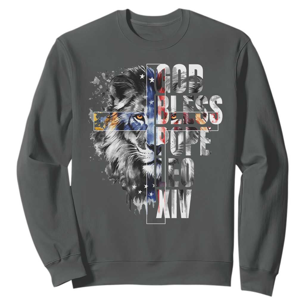 God Bless Pope Leo XIV Sweatshirt Lion American Flag TS11 Dark Heather Print Your Wear