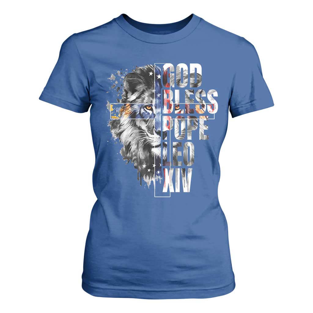 God Bless Pope Leo XIV T Shirt For Women Lion American Flag TS11 Royal Blue Print Your Wear