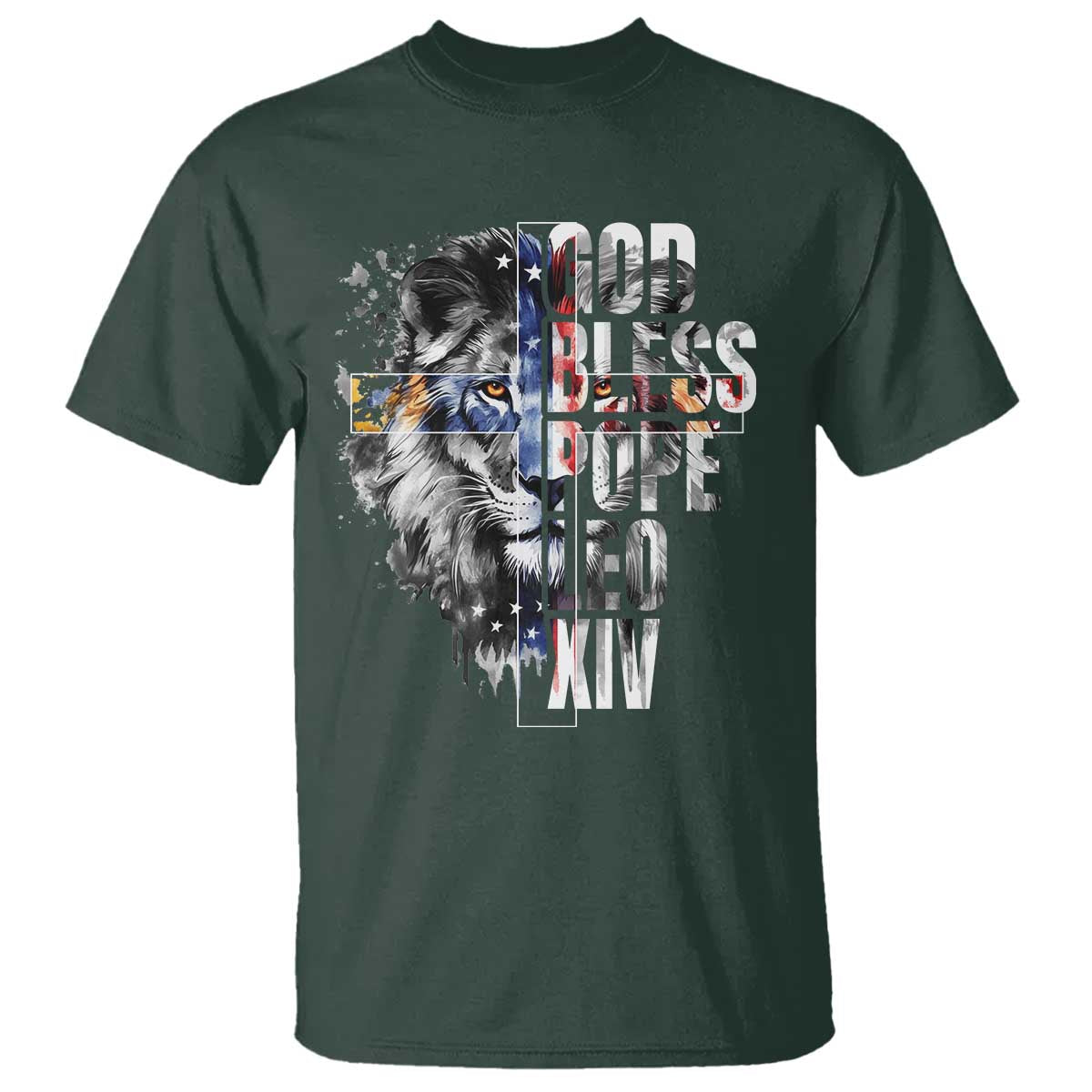 God Bless Pope Leo XIV T Shirt Lion American Flag TS11 Dark Forest Green Print Your Wear