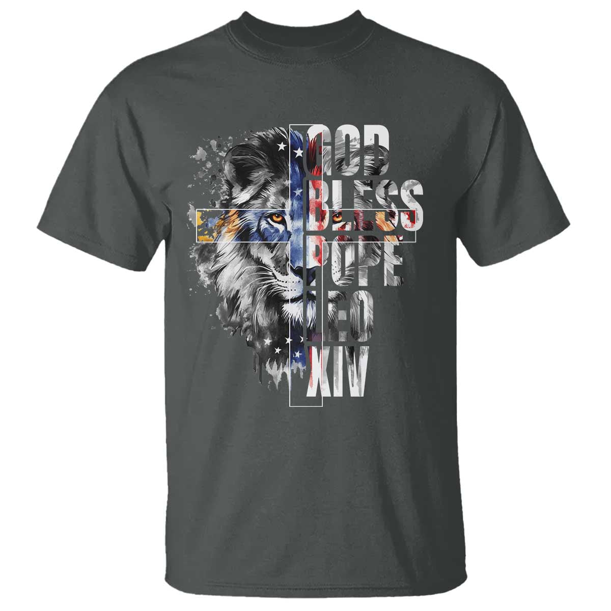 God Bless Pope Leo XIV T Shirt Lion American Flag TS11 Dark Heather Print Your Wear