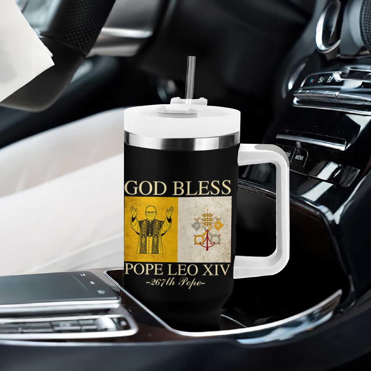God Bless Pope Leo XIV Tumbler With Handle 267th Pope Vatican Flag TS02 Print Your Wear