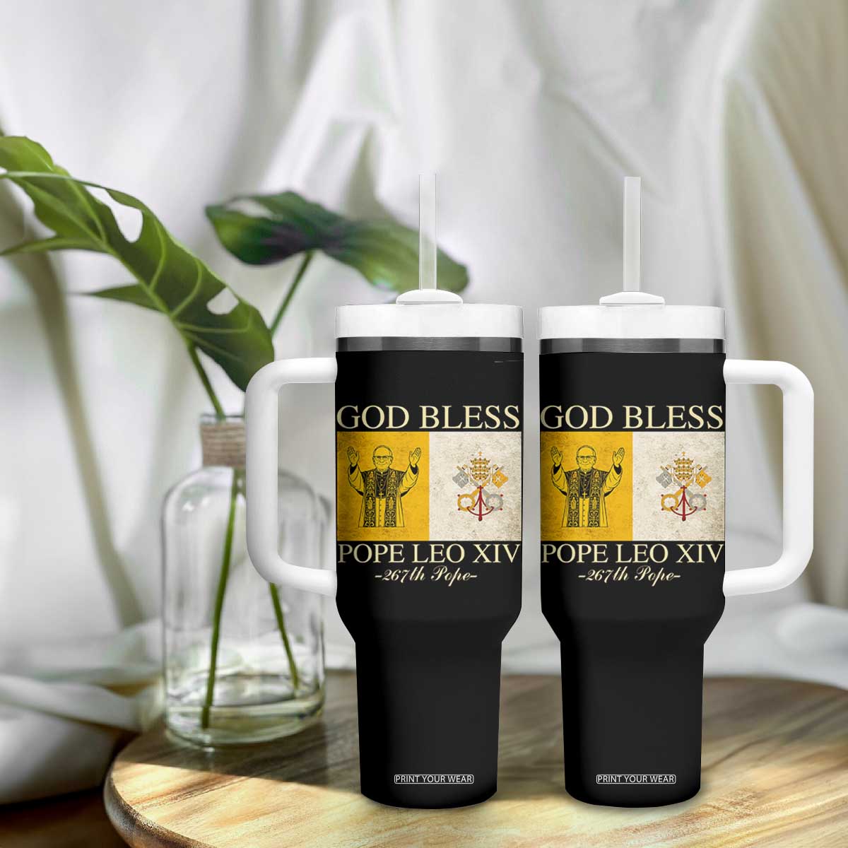 God Bless Pope Leo XIV Tumbler With Handle 267th Pope Vatican Flag TS02 Print Your Wear
