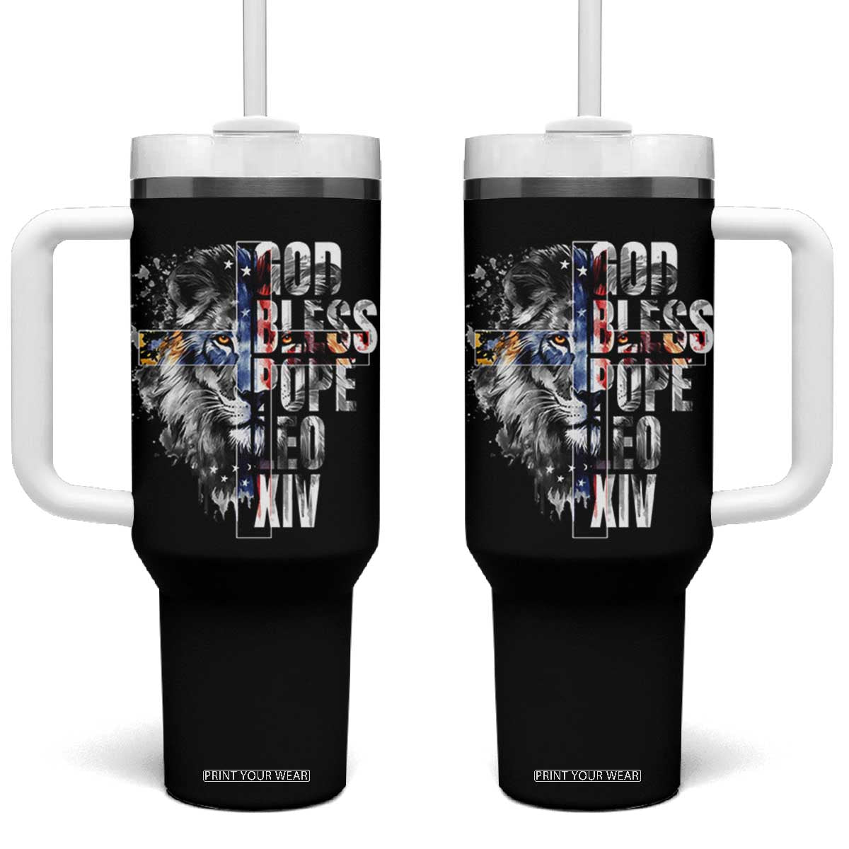 God Bless Pope Leo XIV Tumbler With Handle Lion American Flag TS11 One Size: 40 oz Black Print Your Wear