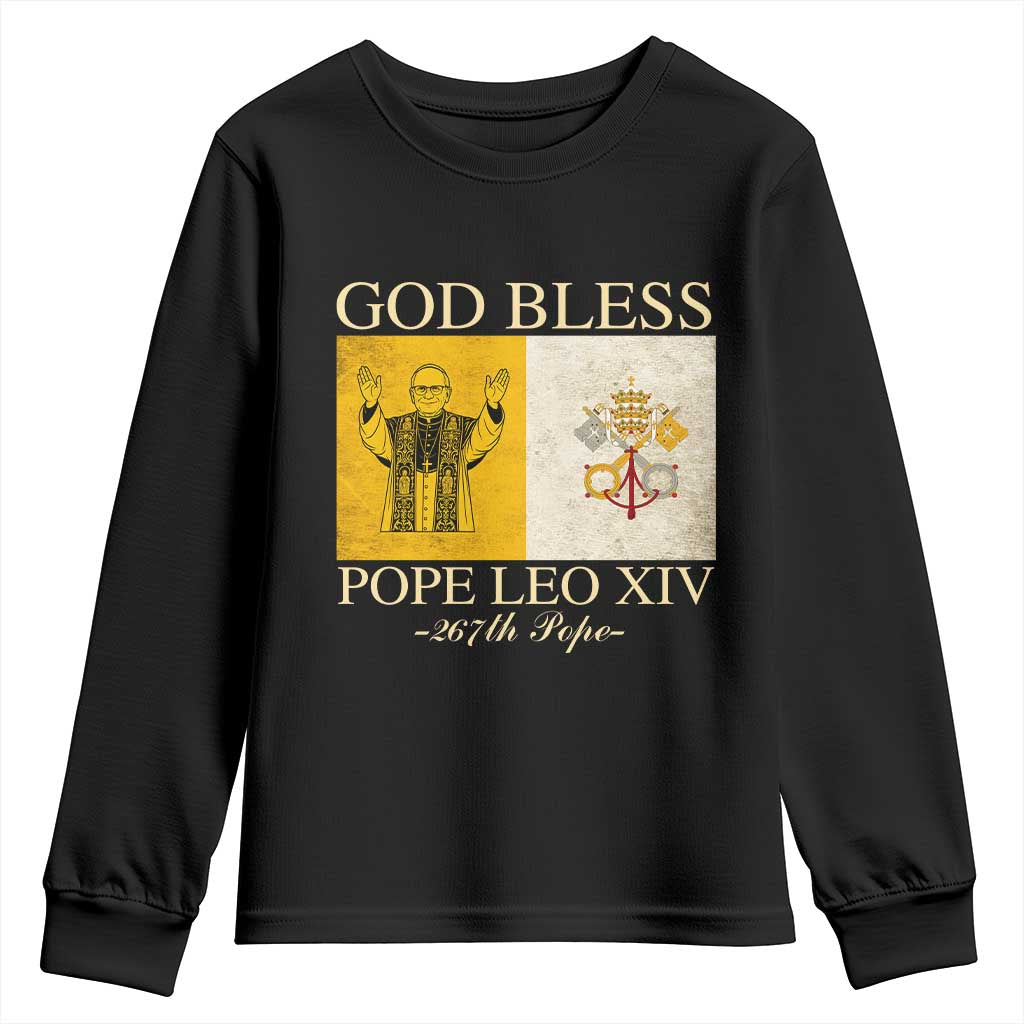 God Bless Pope Leo XIV Youth Sweatshirt 267th Pope Vatican Flag TS02 Black Print Your Wear