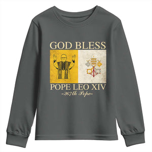 God Bless Pope Leo XIV Youth Sweatshirt 267th Pope Vatican Flag TS02 Dark Heather Print Your Wear