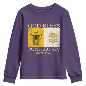 God Bless Pope Leo XIV Youth Sweatshirt 267th Pope Vatican Flag TS02 Purple Print Your Wear