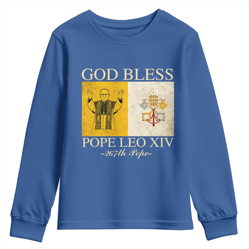 God Bless Pope Leo XIV Youth Sweatshirt 267th Pope Vatican Flag TS02 Royal Blue Print Your Wear